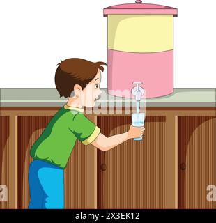 Junge trinkt Wasser aus Wasserglas Vektor Illustration Stock Vektor