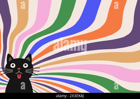 Grooviger abstrakter Regenbogenwirbelhintergrund mit niedlicher schwarzer Katze. Retro-Vektor-Design im Stil der 1960-1970er Jahre. Vintage-Sonnenuntergang im Hintergrund. Stock Vektor