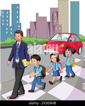 Kinder gehen mit Lehrer-Vektor-Illustration Stock Vektor