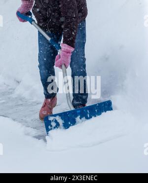 Eine Frau räumt Schnee von einem Bürgersteig mit einer Schneeschaufel. Sie trägt Winterkleidung und bewegt den Schnee fleißig zur Seite, um einen Weg frei zu machen. Stockfoto