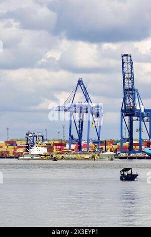 Nachlaufsaugbehälter Dredger „Sospan Dau“, beteiligt an Baggerarbeiten in Harwich Harbour. Stockfoto