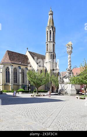 Sopron, Ungarn. Die Ziegenkirche und die Dreifaltigkeitssäule im historischen Teil von Sopron Stockfoto