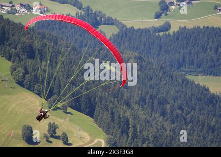 Ein roter Gleitschirmflieger, der über Wiesen- und Waldlandschaft unter sich fliegt. Stockfoto