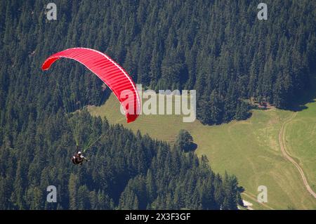 Ein roter Gleitschirmflieger, der über Wiesen- und Waldlandschaft unter sich fliegt. Stockfoto