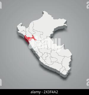 Das Departement La Libertad ist auf einer grauen 3D-Karte in Peru rot hervorgehoben Stock Vektor