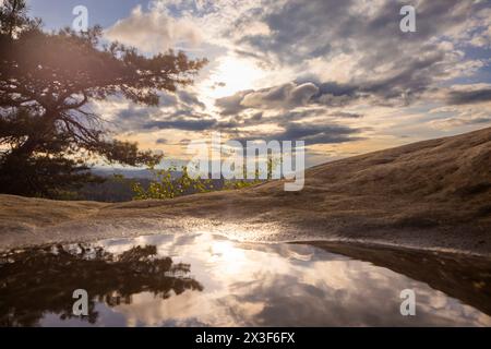 Sächsische Schweiz Aussicht vom Carolafelsen der Himmel spiegelte sich in einer Pfütze. Bad Schandau Sachsen Deutschland *** Sächsische Schweiz Blick vom Carola-Felsen aus spiegelt sich der Himmel in einer Pfütze Bad Schandau Sachsen Deutschland Stockfoto