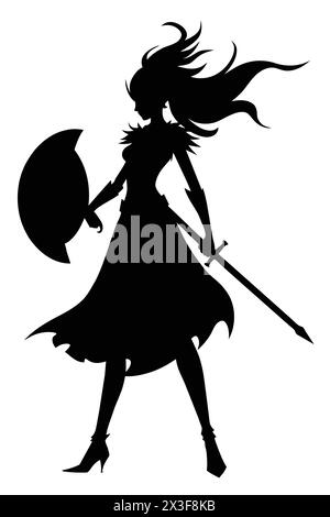 Eine schwarze Silhouette eines eleganten Kriegermädchens in Rüstung mit rundem Schild, im Wind flatterndem Haar und einer großen Axt. 2D-Kunst Stock Vektor