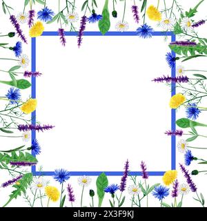 Nahtloses florales Aquarellmuster mit Gartenblumen - Kamille, Löwenzahn, Kornblume, Salbei. Handgezeichnet in Aquarell für textilen quadratischen Schal, DE Stockfoto