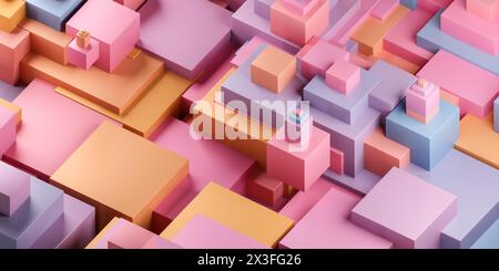 Lebendige abstrakte Szene mit mehrfarbigen kubischen Strukturen in einer labyrinthartigen 3D-Darstellung Stockfoto