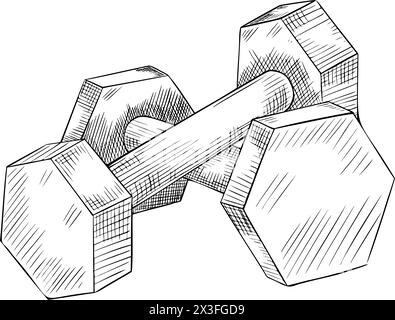 Kurzhanteln für Fitness. Vektor-Barbell-Illustration auf isoliertem Hintergrund. Lineare Zeichnung von Sportgeräten zum Gewichtheben im Fitnessstudio mit schwarzer Tinte. Sketch für Trainingsgewichte für Symbol oder Logo. Stock Vektor