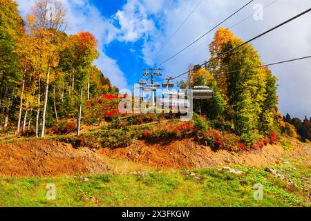 Seilbahn Hütte steigt aus Rosa Khutor Dorf Roza Peak Berg in Sotschi Ferienort in Krasnodar Region, Russland Stockfoto