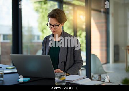 Rechtsanwalt, Frau und Laptop im Amt für rechtliche Planung, Überprüfung von Richtlinien oder Feedback zum Visumstatus. Rechtsanwalt, Einwanderung und weibliche Person am Arbeitsplatz Stockfoto