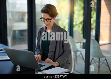 Rechtsanwalt, Frau und Laptop im Amt für rechtliche Planung, Überprüfung von Richtlinien oder Feedback zum Visumstatus. Rechtsanwalt, Einwanderungsbehörde und weibliche Person am Arbeitsplatz Stockfoto