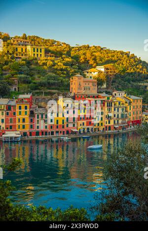 Panoramablick auf den Hafen von Portofino, ligurische Küste. Stockfoto