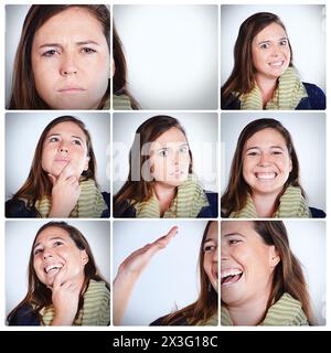 Frau, Gesichtsausdrücke und Composite mit Collage im Studio mit lustig oder fröhlich im Porträt mit Happy. Emotionen, Komödie und Sequenz mit Nahaufnahme Stockfoto