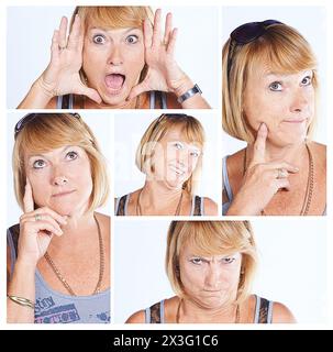 Frau, Collage und Gesichtsausdrücke im Studio mit Humor oder lustigen Emotionen als Komiker. Weibliche Person, Gesicht und Idee mit verschiedenen Gesten Stockfoto