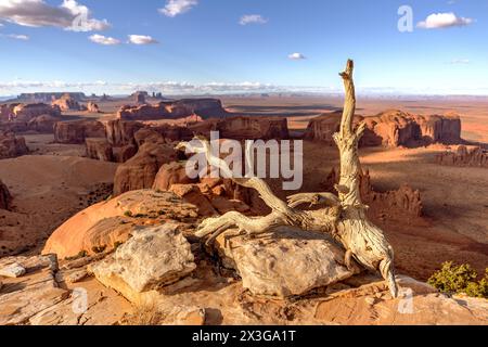 Malerischer Blick auf die prächtigen Buttes im Monument Valley an einem hellen, lebhaften Frühlingstag. Stockfoto