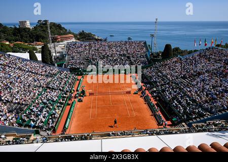 Paris, Frankreich. April 2024. Allgemeine Atmosphäre Ambiente Ansicht oder Ambiente Illustration des Center Court Rainier III während des Rolex Monte-Carlo ATP Masters 1000 Tennis am 12. April 2024 im Monte Carlo Country Club in Roquebrune Cap Martin, Frankreich in der Nähe von Monaco. Quelle: Victor Joly/Alamy Live News Stockfoto