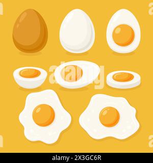 Vektor gebratenes Ei, Sunny-Side-up und hart gekochtes Ei Set, Großaufnahme, isoliert. Gesundes Frühstück, Protein Food Clipart. Design für ganze und geschnittene Eier Stock Vektor