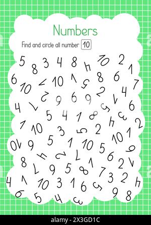 Suchen und Kreisen Sie Nummer zehn einfache pädagogische Aktivität für Kinder, umreißen Sie handgezeichnete Vektor-Illustration, ausdruckbares Arbeitsblatt, Lernkonzept für Freizeitaktivitäten, Lehrerressourcen Stock Vektor