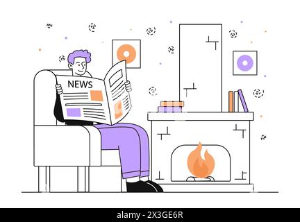 Der Mann liest Nachrichten in der Nähe des Kaminvektors Stock Vektor