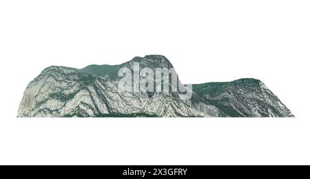 Wunderschöner Berg mit grünen Bäumen isoliert auf weiß Stockfoto