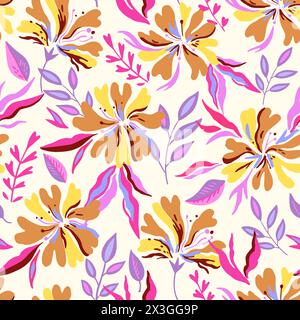 Nahtloses Muster mit niedlichen Blumenelementen. Handgezeichnetes Ornament mit Pflanzen und Blumen. Vektorabbildung. Stock Vektor