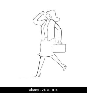 Durchgehende Linienzeichnung einer Geschäftsfrau im Cartoon-Stil, die in Blazer und Aktentasche läuft. Vertrauen in das Geschäftskonzept. Stock Vektor