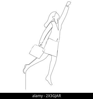 Fortlaufende, einfache, abstrakte Linienzeichnung einer glücklichen Geschäftsfrau mit Aktenkoffer, die in einem hohen Bereich gefangen ist. Fortschrittliches Geschäftskonzept Stock Vektor