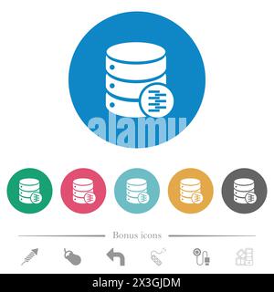 Datenbank komprimiert Daten mit flachen weißen Symbolen auf runden farbigen Hintergründen. 6 Bonussymbole enthalten. Stock Vektor
