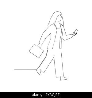Kontinuierliche Linienzeichnung einer Frau, die mit Aktenkoffer und Handy läuft Stock Vektor