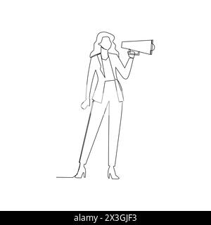 Geschäftsfrau, die ein Megaphon hält. Effektives Kommunikations- und Marketingkonzept in der Wirtschaft. Vektordarstellung für die fortlaufende Linienzeichnung. Stock Vektor