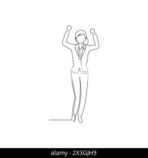 Fortlaufende Linienzeichnung einer Geschäftsfrau, die ihre Hände hochhebt und tanzt. Erfolg im Business Concept Illustration. Konstruktion mit durchgehender Linienzeichnung Stock Vektor
