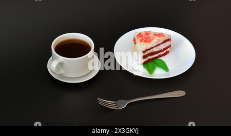 Eine Tasse heißer schwarzer Kaffee auf einer Untertasse und ein Teller mit einem Stück rotem Samtkuchen und Minzblättern auf schwarzem Hintergrund. Nahaufnahme. Stockfoto