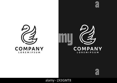 Schwarz-weißes Schwanenlinien-Kunstlogo mit Firmentext darunter. Das Logo vermittelt einen Eindruck von Eleganz und Anmut und ist so gestaltet Stock Vektor