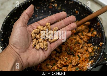 Strukturierte Sojabohnen in der Handfläche, argentinische Empanadas-Füllung. Veganes und vegetarisches Essen Stockfoto