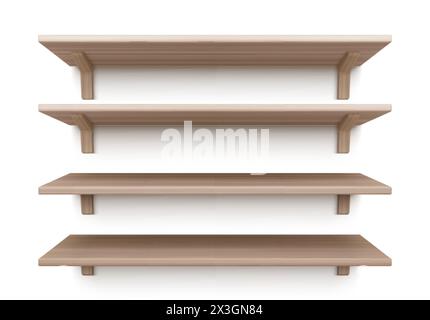3D-Holzregale isoliert auf weißem Hintergrund. Realistische Illustration des leeren dekorativen Wandregals, des Hauses, des Büros, des Ladenmöbels mit EM Stock Vektor