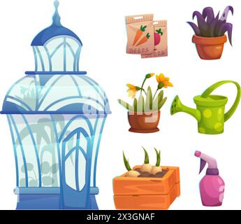 Glasgewächshaus Garten und Blumenkurserei Vektor. Isometrischer Gewächshausbetrieb für Gemüsesämlinge im Topf. Intelligente Landwirtschaft und Anbautechnologie. Stock Vektor