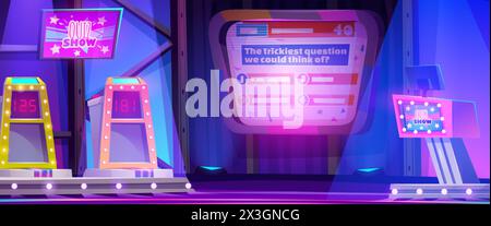Quizshow Spielbühne im tv-Studio für den Wettbewerb. Fernsehwettbewerbsprogramm zum Wissens- und Talenttest auf Kanal. Puzzle-Antwort auf dem Bildschirm. Neon Stock Vektor
