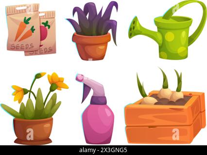 Gartenbau und Gewächshauswerkzeuge und -Versorgung. Zeichentrickvektor Illustration Set von Landwirtschaftsausrüstung und Zeug - Pack mit Karottensamen, Pflanzen und Blo Stock Vektor
