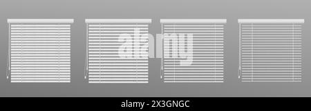 Animationsset für Jalousien bei offenem und geschlossenem Fenster isoliert auf grauem Hintergrund. Vektor-realistische Illustration von horizontalen weißen Blenden, Jalousie-Schatten für Stock Vektor