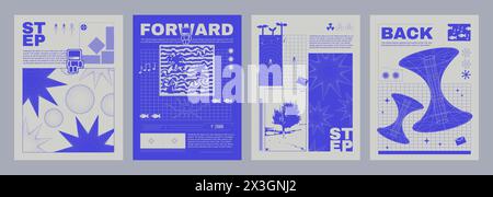 Y2K-Poster mit groovigem Pixel-Vibe. Vektor-realistische Illustration der retrowellenförmigen Design-Flyer in blauen und grauen Farben, Drahtmodellhintergrund mit Fischen, s Stock Vektor