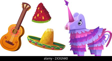 Mexikanisches Festival oder Feiertag traditionelle Elemente - Papieresel und Wassermelone Pinata, Sombrero Hut und Gitarre. Zeichentrickvektor Illustration Satz von Fie Stock Vektor