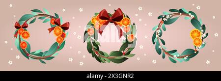 Dekoratives, florales Türkranz mit orangefarbenen Scheiben, Schleifenschleifen und Blumen. Zeichentrickvektor-Illustration Satz von Weihnachten natürliche runde Feiertag g Stock Vektor
