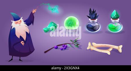 Alter Assistent und Satz magischer Elemente, die im Hintergrund isoliert sind. Vektor-Zeichentrickillustration des Magiers mit langem Bart, Zauberstab in der Hand, Edelstein, Stock Vektor
