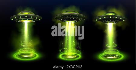Grünes UFO-Raumschiff mit 3D-Effekt-Vektor. Space Alien-Untertassen-Schiffstechnologie und Fantasy-Strahlen für Energie-Glitzer-Portal-Podium. Magic hologr Stock Vektor