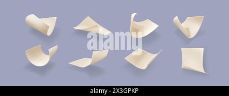 Fliegendes gewelltes Papierblatt mit Schatten. Realistischer 3D-Vektor-Illustrationssatz von Windstoß, der nach unten beige Kurvenseiten fällt. Leeres a4-Letter oder Notizmocku Stock Vektor