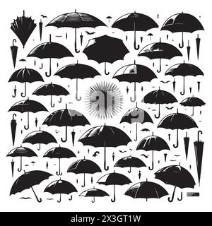 Schwarze Silhouette Set von verschiedenen Regenschirmen, Vektorillustration Stock Vektor