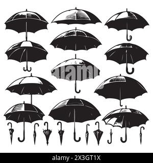 Schwarze Silhouette Set von verschiedenen Regenschirmen, Vektorillustration Stock Vektor