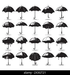 Schwarze Silhouette Set von verschiedenen Regenschirmen, Vektorillustration Stock Vektor